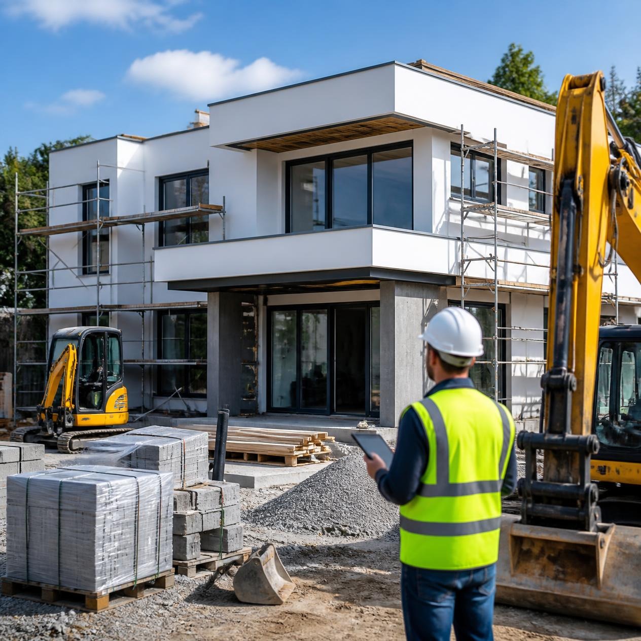 Bauträger und Bauleitung auf einer laufenden Baustelle